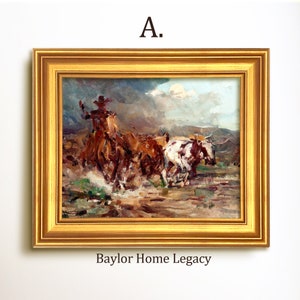 Framed Cowboy on a Cattle Drive Oil Painting Print on Canvas, Vintage ...