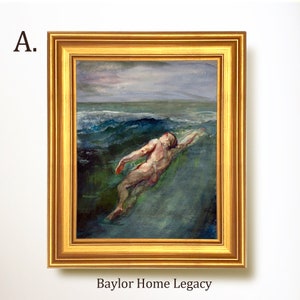 May include: A framed watercolor painting of a person swimming in the ocean. The painting is in shades of blue, green, and brown. The person is nude and is swimming on their back. The water is choppy and the sky is cloudy.