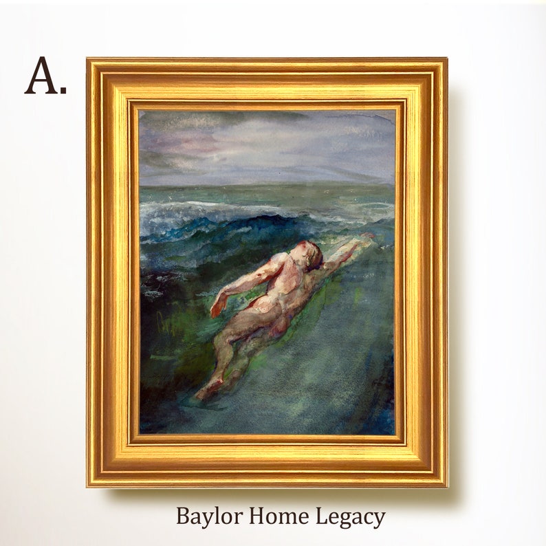 May include: A framed watercolor painting of a person swimming in the ocean. The painting is in shades of blue, green, and brown. The person is nude and is swimming on their back. The water is choppy and the sky is cloudy.
