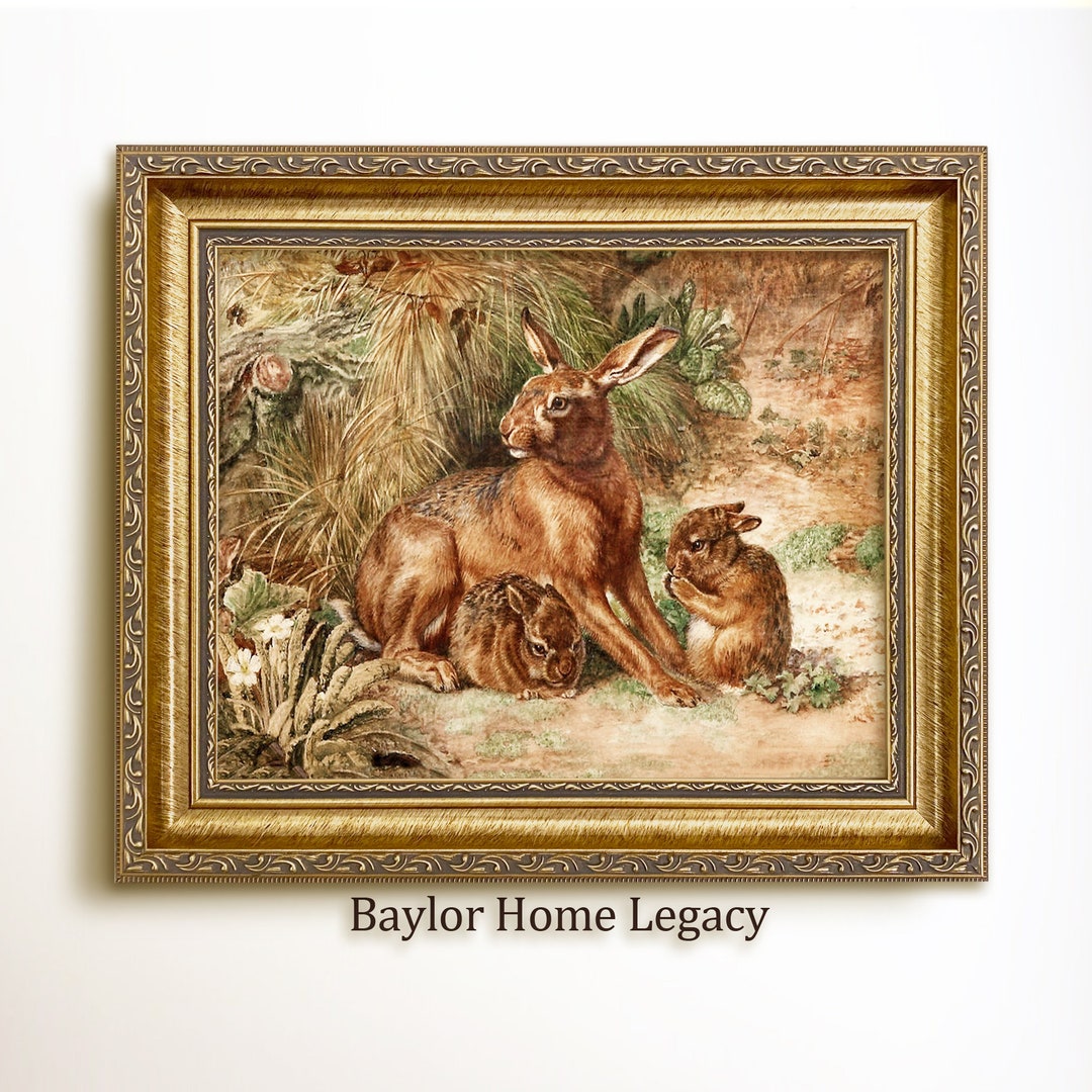 Framed Rabbit Oil Painting Print on Canvas, Framed Vintage Rabbit and Bunny Wall Art, Rabbit