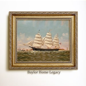 Framed Clipper Ship Oil Painting Print on Canvas, Vintage Nautical American Sail Boat Canvas Art Print,  Nautical Scene with Ship Picture
