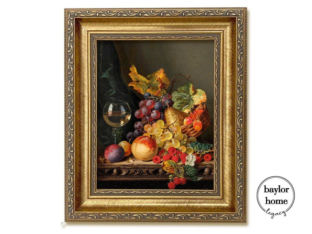 Framed Still Life of Fruit With Wine Glass Oil Painting Print on Canvas ...