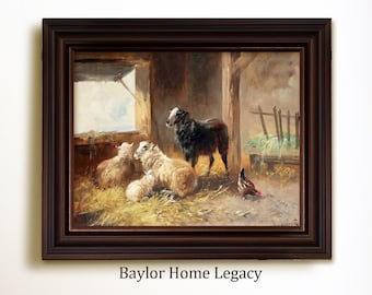 May include: A framed oil painting depicting a barn interior with a black sheep and several white sheep in a hay-filled barn. The sheep are looking out of the barn door. A rooster is in the foreground.
