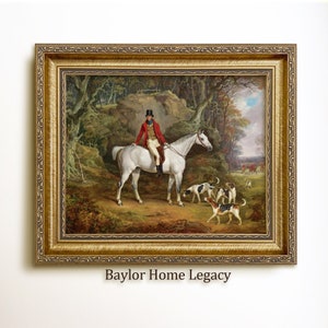 Framed Fox Hunt Scene Oil Painting Canvas Print, Classic Equestrian Fox Hunting Scene Wall Art, Vintage English Fox Hunting Landscape