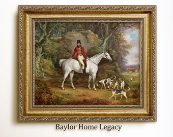 Framed Fox Hunt Scene Oil Painting Canvas Print, Classic Equestrian Fox Hunting Scene Wall Art, Vintage English Fox Hunting Landscape