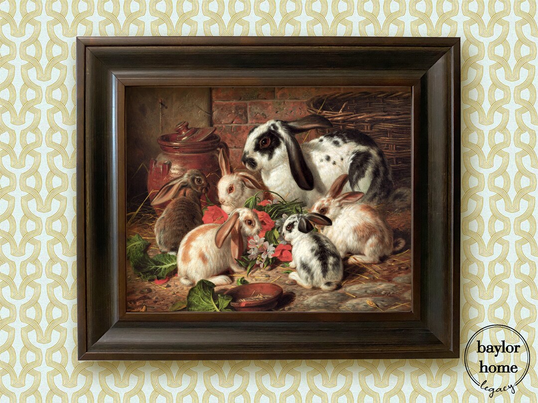 Framed Rabbits Oil Painting Canvas Print, Vintage Bunny Print, Rustic Country Farmhouse Decor Etsy