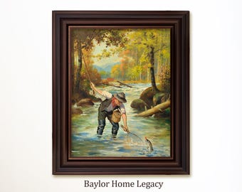 Framed Fisherman Oil Painting Print on Canvas, Fly Fisherman Print on Canvas, Trout Fishing Picture