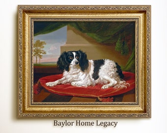 May include: A framed oil painting of a black and white dog lying on a red cushion. The dog is in a room with green curtains and a white column in the background. The painting is titled "Baylor Home Legacy".