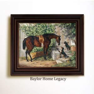 Horse and Dachshunds Painting Print on Canvas of Antique Oil Painting, Framed or Unframed Horse and Dog Wall Art, Animal Art
