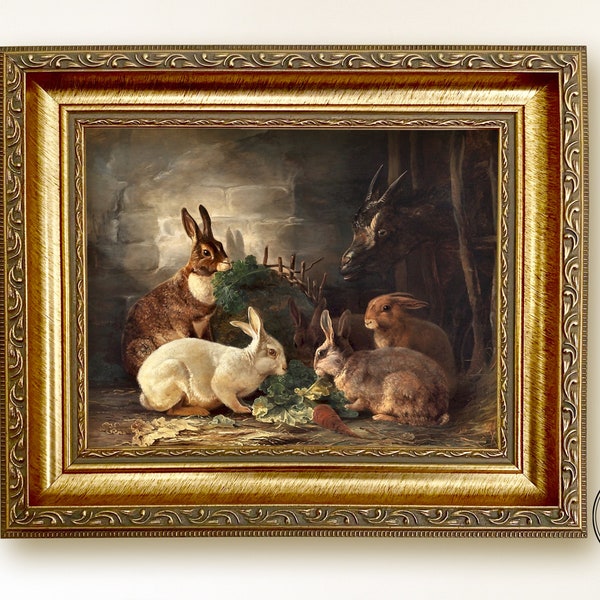 Framed Rabbits Oil Painting on Canvas Oil Painting Print on Canvas Vintage Bunny Print Wall Decor