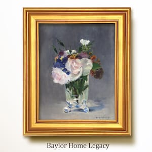 Framed Still Life of Flowers Oil Painting Canvas Print, Framed Vintage Floral Artwork, Framed Floral Painting of Flowers in a Crystal Vase
