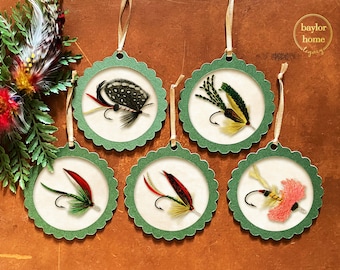 Set of 5 Handmade Bass Fishing Flies Ornaments for Tree, Unique Rustic Country Ornaments for Christmas Tree, Fly Fishing Ornaments for Xmas