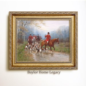 Framed Fox Hunting Print on Canvas of Antique Oil Painting, English Fox Hunt Scene Canvas Print for Equestrian Decor, Huntsman and Hound Art