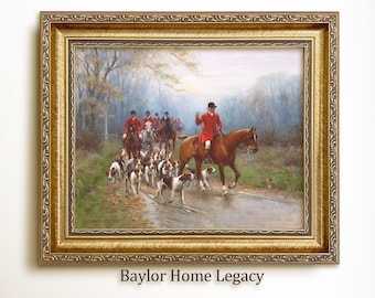 Framed Fox Hunting Print on Canvas of Antique Oil Painting, English Fox Hunt Scene Canvas Print for Equestrian Decor, Huntsman and Hound Art