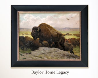 Framed Buffalo Oil Painting Print on Canvas, Framed Canvas Art Print of a Herd of Bison, American Buffalo Picture, Western Animal Art
