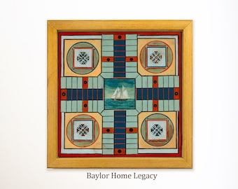 Nautical Parcheesi Game Board Canvas Print Framed or Unframed, Antique Style Folk Art Board Game, Unique Game Room Decor, Game Room Wall Art
