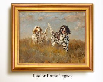 May include: A framed painting of two dogs in a field. The dogs are a white and brown English Setter and a black and white German Shorthaired Pointer. The painting is set against a backdrop of a cloudy sky. The painting is titled "Baylor Home Legacy".