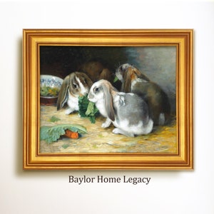 Framed Rabbits Oil Painting Print on Canvas, Framed Bunny Canvas Art Print of Antique Oil Painting, Rabbit Art