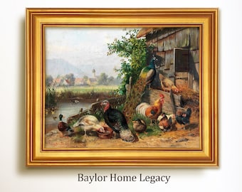 May include: A framed oil painting depicting a farmyard scene with a peacock, a turkey, chickens, and ducks. The painting is set in a rural landscape with a village in the background. The frame is gold.