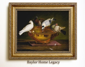 Framed Dove Painting Oil Painting Canvas Print, Vintage Bird Animal Print from 1700's, Four Doves on Edge of Brass Bowl of Water