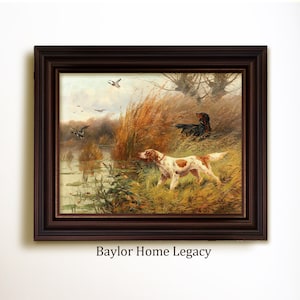 Framed Pair of Pointers Hunting Ducks Oil Painting Print on Canvas, Vintage Bird Dog Print, Giclée Wall Art