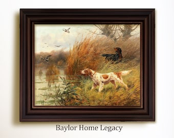 Framed Pair of Pointers Hunting Ducks Oil Painting Print on Canvas, Vintage Bird Dog Print, Giclée Wall Art