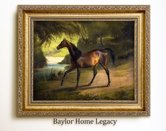 Framed Horse Oil Painting Canvas Print, Vintage Horse in a Landscape Picture, Thoroughbred Horse Painting