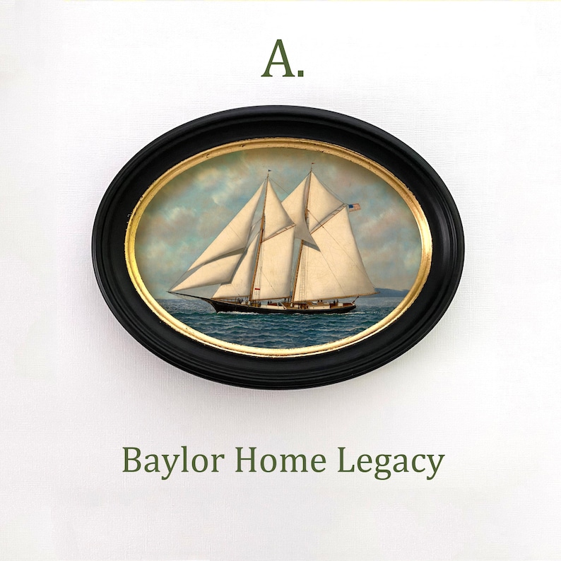 May include: A framed oval painting of a white sailboat with a blue hull sailing on a blue body of water with a cloudy sky. The frame is black with a gold inner edge. The text "A. Baylor Home Legacy" is below the painting.