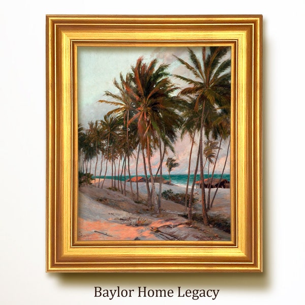 Framed Coconut Tree Oil Painting Print on Canvas, Vintage Tropical Seascape Print, Tropical Beach Scene with Coconut Trees