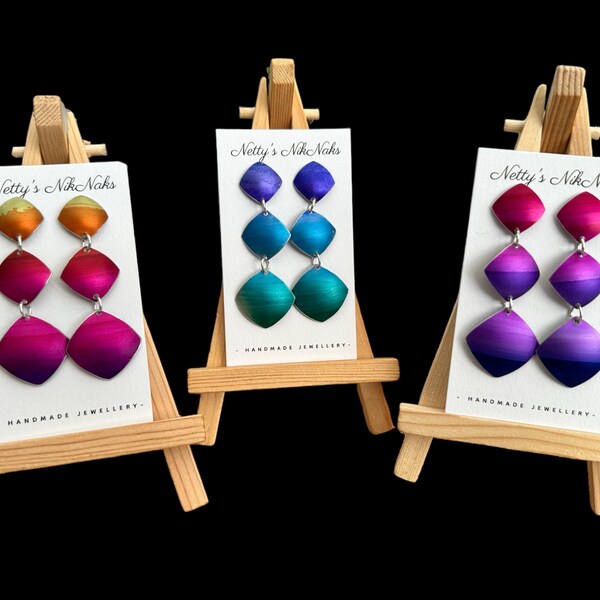 Funky anodised aluminium earrings, 3 squares dyed in graded colours, 3 themes to choose from