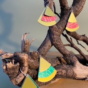 Vibrant Three Layers Fan Anodised Aluminium Earrings, Red/green and Gold/Yellow