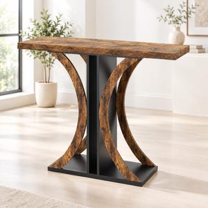 May include: A rectangular console table featuring a brown wood-grain finish top and base. The structure includes a central black vertical support flanked by two curved, wood-grain side supports that connect the top to the rectangular base.