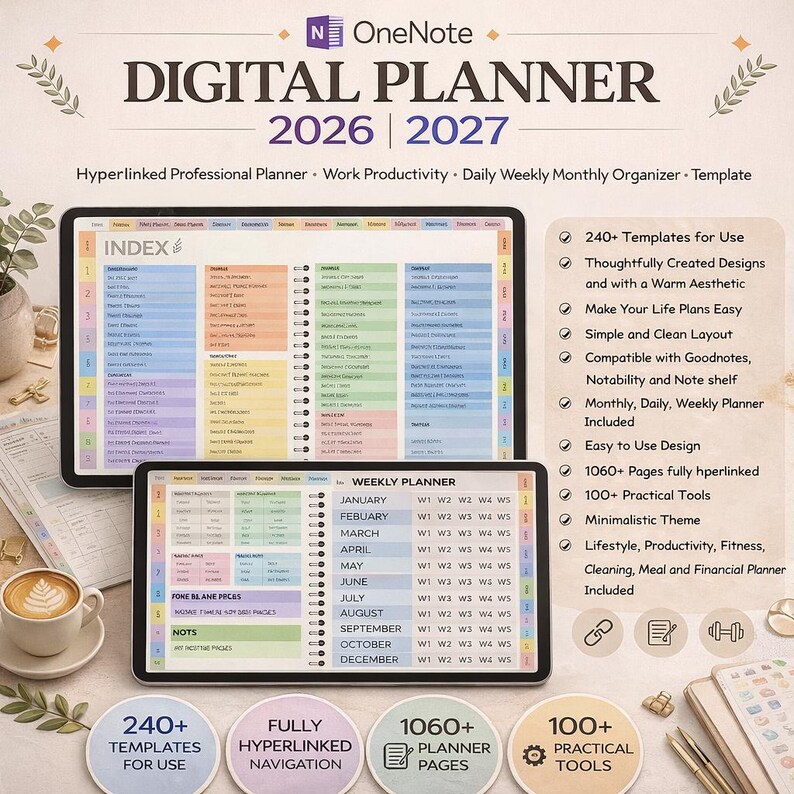 Onenote Work Week Template Onenote Digital Planner 2026 2027, Hyperlinked Professional Planner ...