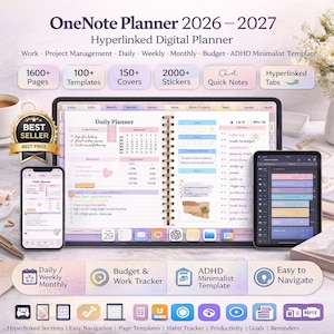 May include: A digital planner for 2026-2027, featuring a hyperlinked design. The image shows a tablet and phone displaying the planner's interface, with sections for daily, weekly, and monthly planning. Includes 1600+ pages, 100+ templates, and 2000+ stickers.