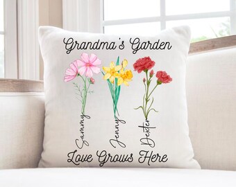Funda de almohada de jardín de mamás con nombres de niños y flores de nacimiento, almohada personalizada, funda de almohada personalizada, almohada de abuela, regalo del Día de la Madre, regalo de la abuela