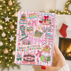 Bokliknande rosa julinsats till Kindle | Mysig juldekoration till Kindle | Bokälskarepresent | Genomskinligt fodral för läsare | Presentkort