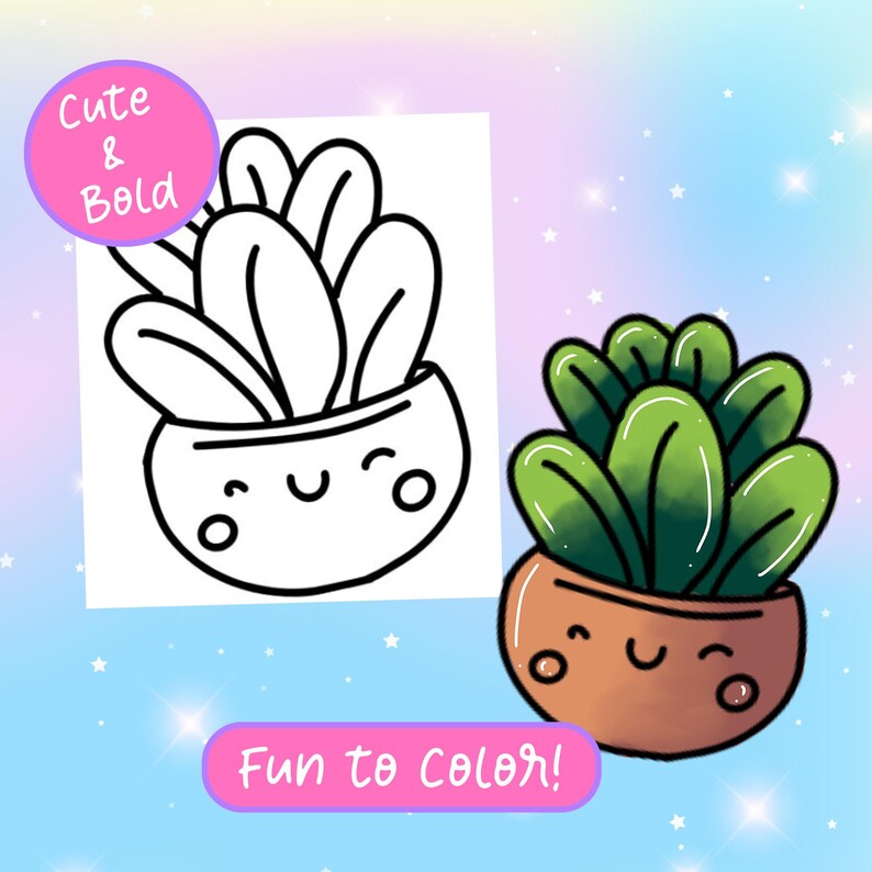 Puede incluir: Un dibujo en blanco y negro de una planta en maceta con una cara sonriente. La planta tiene varias hojas y est&aacute; en una maceta de forma redondeada. La imagen est&aacute; etiquetada como "Cute & Bold" y "Fun to Color!" La imagen est&aacute; sobre un fondo azul claro con estrellas blancas.