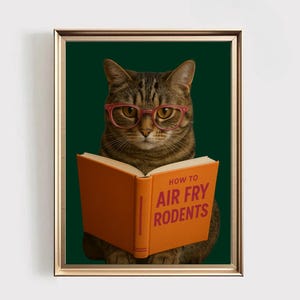 Póster de gato leyendo, regalo para amantes de los gatos, regalo para amantes de los libros, decoración de rincón de lectura, arte de pared de gato divertido, decoración de libros, arte de pared de baño, póster divertido