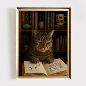 Reading Cat poster Gift, cat lover gift, book lover gift, reading room wall decor, cat wall art book decor, Ready to Hang