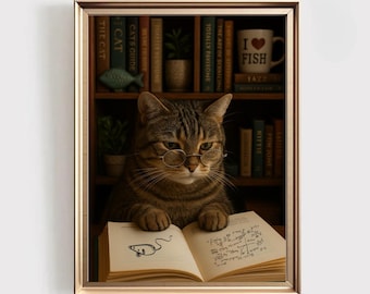 Reading Cat poster Gift, cat lover gift, book lover gift, reading room wall decor, cat wall art book decor, Ready to Hang