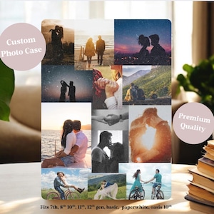 Könnte beinhalten: Eine individuelle Fotohülle mit einer Collage romantischer Bilder. Die Hülle zeigt Paare in Silhouette und Farbe, mit dem Text "Custom Photo Case" und "Premium Quality". Kompatibel mit 7., 8., 10., 11., 12. Generation, basic, paperwhite, oasis 10.