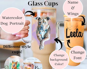 May include: Personalized glass cups with watercolor pet portraits. The cups feature a dog portrait, a cat portrait, and a dog portrait with the name "Rex". The text "Name & Wings" and "Leela" are on the cups. The text "Change background Color!" and "Change Font" are also on the cups.
