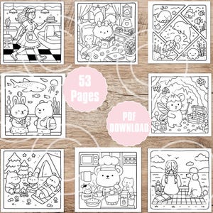 Puede incluir: P&aacute;ginas de un libro para colorear en blanco y negro con varias escenas con animales lindos, incluyendo un oso chef, un conejito leyendo y una ni&ntilde;a con un caniche. Tambi&eacute;n se incluye el texto "53 Pages" y "PDF DOWNLOAD".