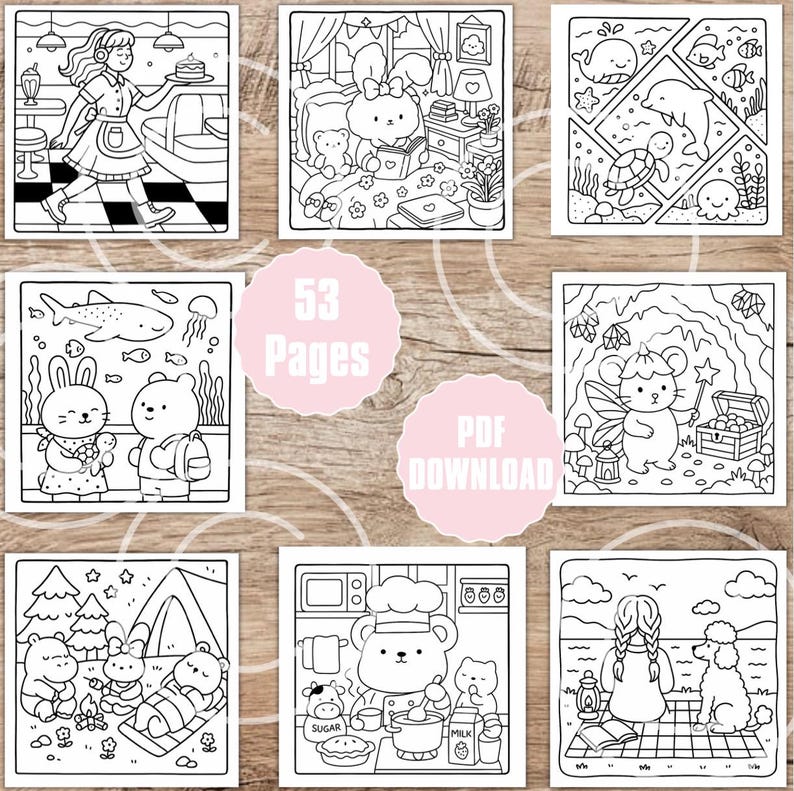 Puede incluir: P&aacute;ginas de un libro para colorear en blanco y negro con varias escenas con animales lindos, incluyendo un oso chef, un conejito leyendo y una ni&ntilde;a con un caniche. Tambi&eacute;n se incluye el texto "53 Pages" y "PDF DOWNLOAD".