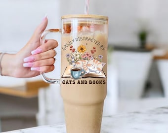Leicht abgelenkt von Katzen und Buch 40oz Glasbecher mit Griffdeckel und Strohhalm, Buchliebhaber Geschenk, Floral Leser Geschenk, Buchclub Geschenk für Sie
