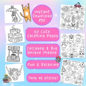 Puede incluir: Una descarga digital de 60 p&aacute;ginas para colorear lindas que incluyen collages e im&aacute;genes &uacute;nicas. Las p&aacute;ginas son divertidas y relajantes e incluyen toneladas de estilos. El texto "Descarga instant&aacute;nea PDF" est&aacute; en un c&iacute;rculo rosa. El texto "60 p&aacute;ginas para colorear lindas" est&aacute; en un rect&aacute;ngulo rosa. El texto "Collages e im&aacute;genes &uacute;nicas grandes" est&aacute; en un rect&aacute;ngulo rosa. El texto "Divertido y relajante" est&aacute; en un rect&aacute;ngulo rosa. El texto "Toneladas de estilos!" est&aacute; en un rect&aacute;ngulo rosa.