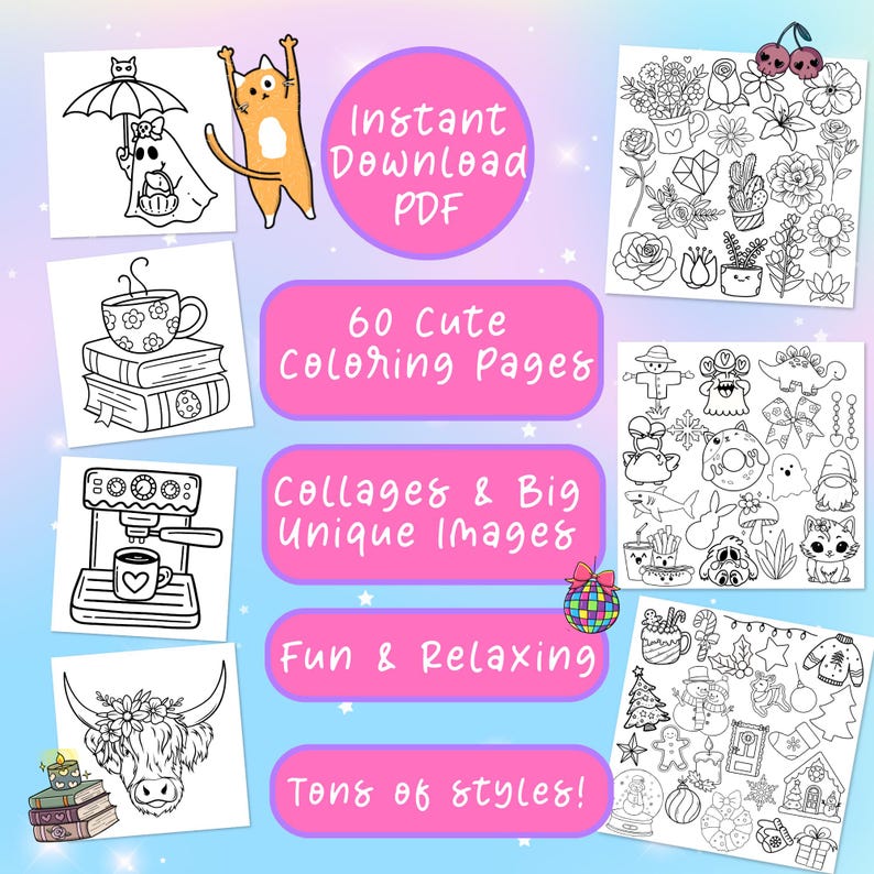 Puede incluir: Una descarga digital de 60 p&aacute;ginas para colorear lindas que incluyen collages e im&aacute;genes &uacute;nicas. Las p&aacute;ginas son divertidas y relajantes e incluyen toneladas de estilos. El texto "Descarga instant&aacute;nea PDF" est&aacute; en un c&iacute;rculo rosa. El texto "60 p&aacute;ginas para colorear lindas" est&aacute; en un rect&aacute;ngulo rosa. El texto "Collages e im&aacute;genes &uacute;nicas grandes" est&aacute; en un rect&aacute;ngulo rosa. El texto "Divertido y relajante" est&aacute; en un rect&aacute;ngulo rosa. El texto "Toneladas de estilos!" est&aacute; en un rect&aacute;ngulo rosa.