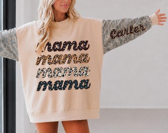 Personalisiertes Namens-Sweatshirt | Individuell gestaltetes Rundhals-Sweatshirt | Damen-Baumwollpullover | Personalisiertes Geschenk | Leopard-Mama-Sweatshirt
