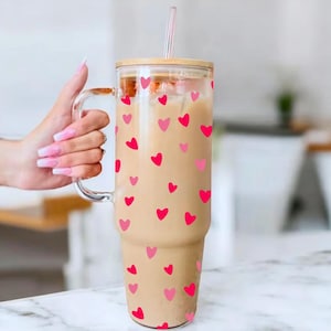 Pink Hearts 40oz Glass Tumbler With Handle Lid and Straw, anniversary Gift, bestie Gift, wedding gift, Gift for Her, Valentines day gift,