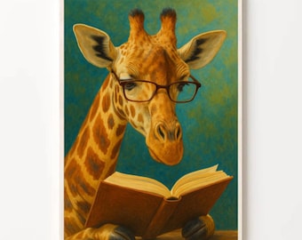 Giraffe Reading Poster Wall Art, poster or canvas print, printable wall decor, book lover gift, library decor, book wall art, book poster